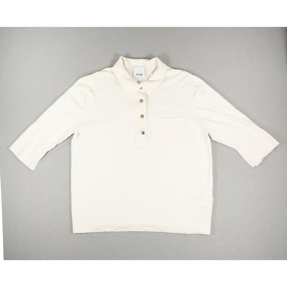 Allude Womens Knit Polo Shirt Cotton Cashmere 3/4 Sleeve Cream Size L